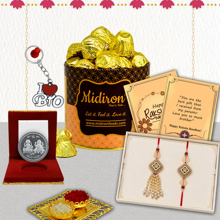 Designer Lumba Rakhi for Bhaiya Bhabhi with Chocolate Box, Bro Keychain, Silver Coin, Beautiful Couple Rakhi Set, Premium Raksha Bandhan Chocolate Gift Hamper for Festival Celebration
