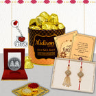 Designer Lumba Rakhi for Bhaiya Bhabhi with Chocolate Box, Bro Keychain, Silver Coin, Beautiful Couple Rakhi Set, Premium Raksha Bandhan Chocolate Gift Hamper for Festival Celebration