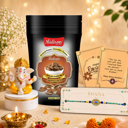 Premium Rakhi Gift for Brother, Raksha Bandhan Chocolate Gift Combo with 1 Designer Rakhi, Choco Almond, Ganesh Idol, Rakhi Card and Roli Akshat, Fancy Traditional Healthy Pack for Bhaiya