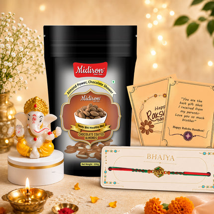 Antique Rakhi Gift for Bhaiya, Premium Rakhi Healthy Gift Set featuring 1 Elegant Rakhi, Choco Almond, Ganesh Idol, Rakhi Card and Roli Akshat, Trendy Traditional Brother Celebration Hamper