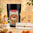 Antique Rakhi Gift for Bhaiya, Premium Rakhi Healthy Gift Set featuring 1 Elegant Rakhi, Choco Almond, Ganesh Idol, Rakhi Card and Roli Akshat, Trendy Traditional Brother Celebration Hamper