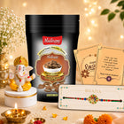 Raksha Bandhan Chocolate Gift Combo, Stylish Rakhi Hamper for Brother with 1 Fancy Rakhi, Choco Almond Delight, Ganesh Idol, Greeting Card and Roli Akshat, Premium Festive Healthy Gift Pack