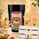 Premium Lumba Rakhi Gift for Bhaiya Bhabhi with Choco Almond, Ganesh Idol, Designer Bhai Bhabhi Rakhi Set, Raksha Bandhan Chocolate Celebration Combo with Roli Akshat and Greeting Card