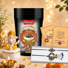 Fancy Bhaiya Bhabhi Lumba Rakhi Set featuring Choco Almond, Ganesh Idol, Traditional Designer Rakhi Combo, Stylish Raksha Bandhan Gift Pack with Greeting Card and Roli Akshat