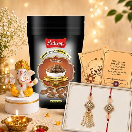 Designer Lumba Rakhi for Bhaiya and Bhabhi with Choco Almond Treat, Ganesh Idol, Beautiful Couple Rakhi Set, Premium Raksha Bandhan Festival Celebration Hamper with Roli Akshat