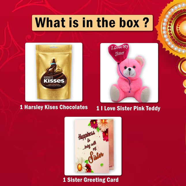 Kisses chocolates, a pink teddy bear, and a greeting card 