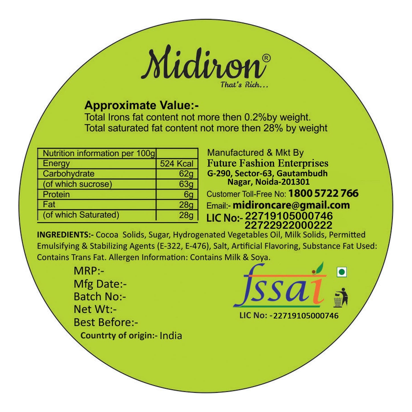 Midiron fssai Number