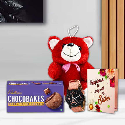 Red teddy bear, Cadbury Chocobakes cookies, watch, and card 