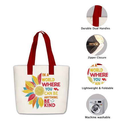 Tote bag with colorful design and text, featuring durable dual handles, zipper closure, lightweight & foldable, and machine washable properties.
Tote Bag with 1 Main Zipper
Tote Bag with 3 Inside Pockets