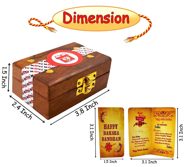 Wooden box with gold clasp, and Happy Raksha Bandhan Greeting cards.