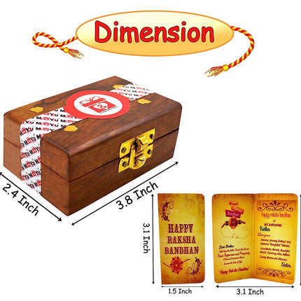 Wooden box with gold clasp, and Happy Raksha Bandhan Greeting cards.
