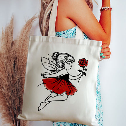 Tote bag with fairy design held by a person, featuring a fairy holding a rose.
girls office tote handbag
versatile tote bag for women