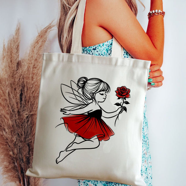 Tote bag with fairy design held by a person, featuring a fairy holding a rose.
girls office tote handbag
versatile tote bag for women
