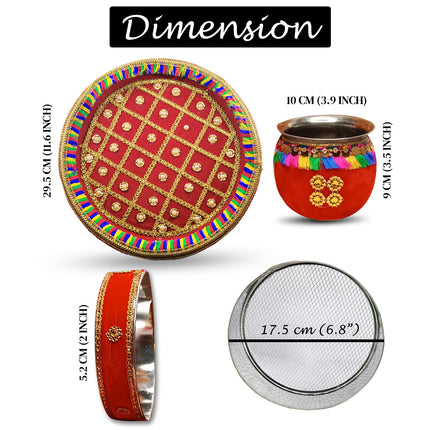 premium stainless steel thali
durable steel karwa chauth thali
fancy karwa chauth pooja thali with diya
elegant karwa chauth thali with chalni and lota