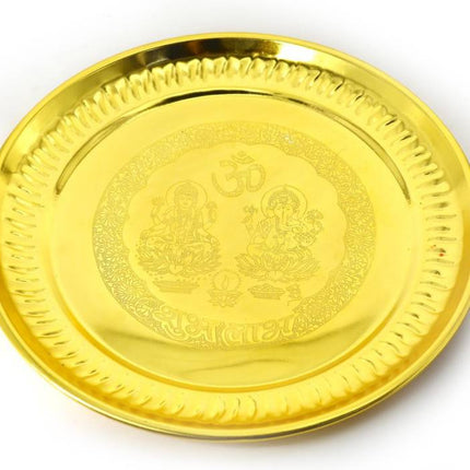 Premium Stainless Steel Golden Plated Pooja Thali -Traditional Aarti Thali for Home & Temple, Ideal for Festivals & Daily Worship