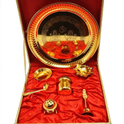 Premium Stainless Steel Golden Plated Pooja Thali -Traditional Aarti Thali for Home & Temple, Ideal for Festivals & Daily Worship